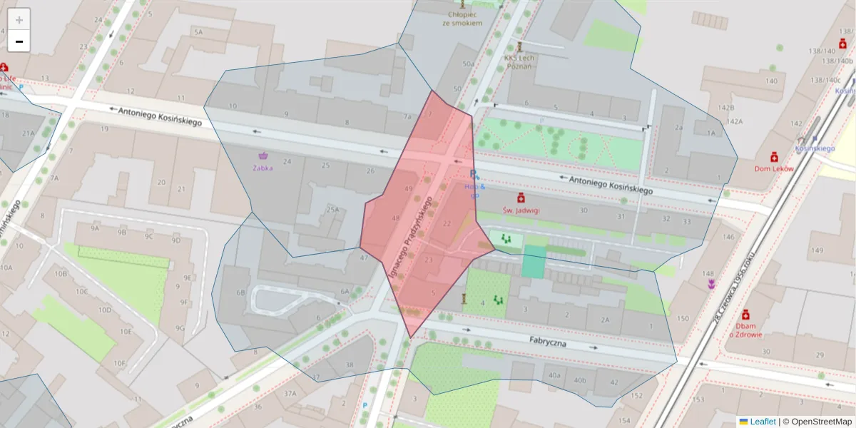 Szczegółowa mapa kodu pocztowego 61-523 z granicami, sąsiednimi kodami pocztowymi i urzędami pocztowymi