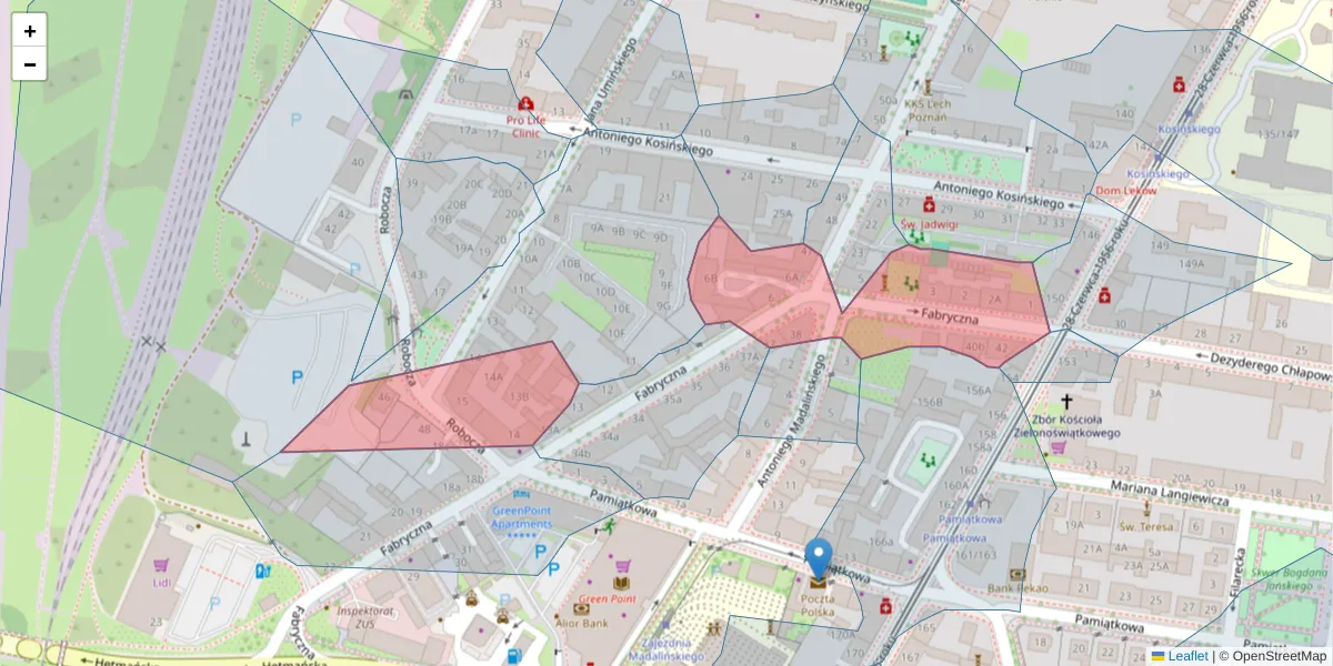 Szczegółowa mapa kodu pocztowego 61-524 z granicami, sąsiednimi kodami pocztowymi i urzędami pocztowymi