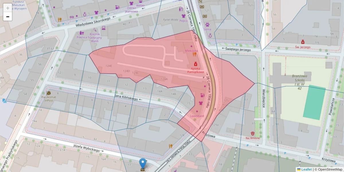 Szczegółowa mapa kodu pocztowego 61-526 z granicami, sąsiednimi kodami pocztowymi i urzędami pocztowymi