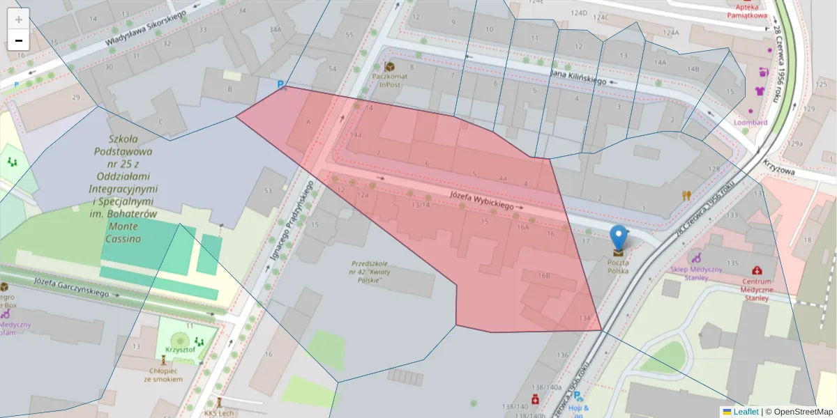 Szczegółowa mapa kodu pocztowego 61-529 z granicami, sąsiednimi kodami pocztowymi i urzędami pocztowymi