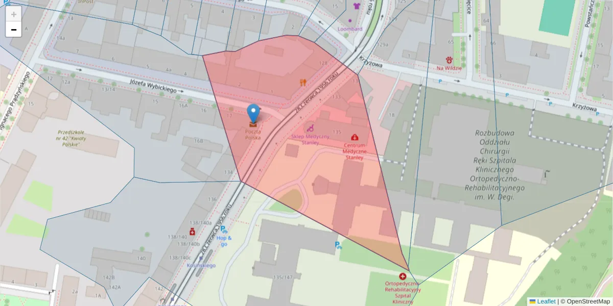 Szczegółowa mapa kodu pocztowego 61-530 z granicami, sąsiednimi kodami pocztowymi i urzędami pocztowymi