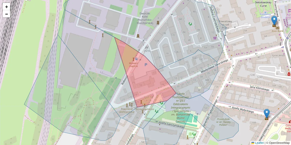 Szczegółowa mapa kodu pocztowego 61-536 z granicami, sąsiednimi kodami pocztowymi i urzędami pocztowymi