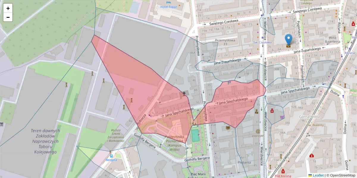 Szczegółowa mapa kodu pocztowego 61-543 z granicami, sąsiednimi kodami pocztowymi i urzędami pocztowymi