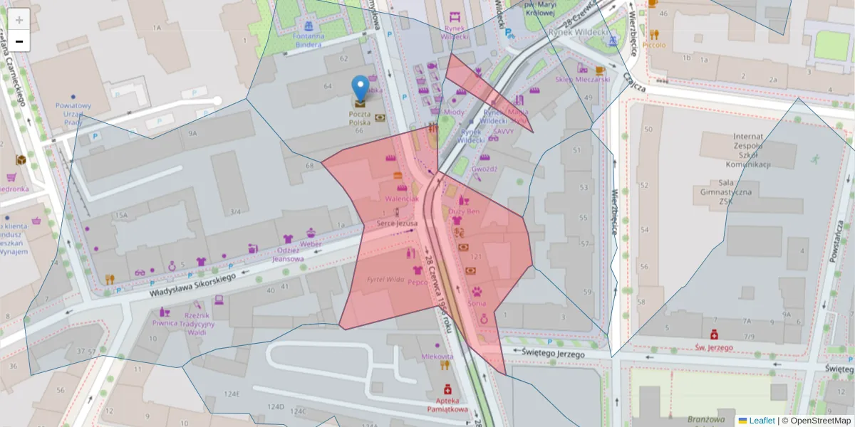Szczegółowa mapa kodu pocztowego 61-544 z granicami, sąsiednimi kodami pocztowymi i urzędami pocztowymi