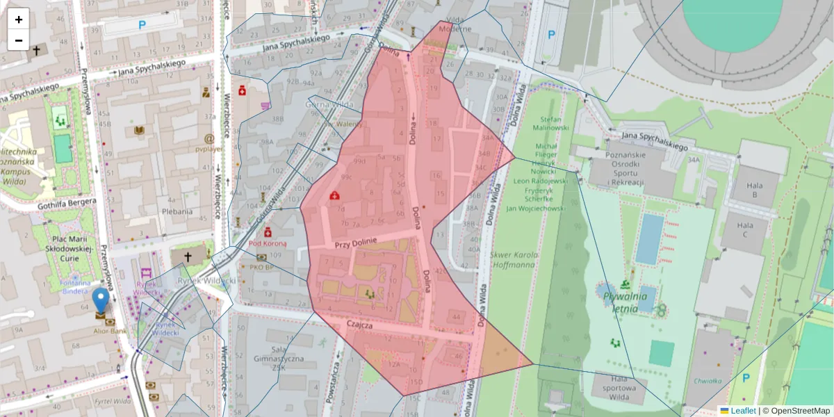 Szczegółowa mapa kodu pocztowego 61-551 z granicami, sąsiednimi kodami pocztowymi i urzędami pocztowymi