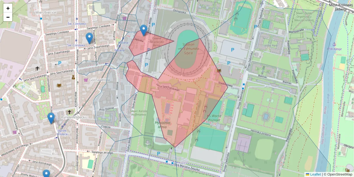 Szczegółowa mapa kodu pocztowego 61-553 z granicami, sąsiednimi kodami pocztowymi i urzędami pocztowymi