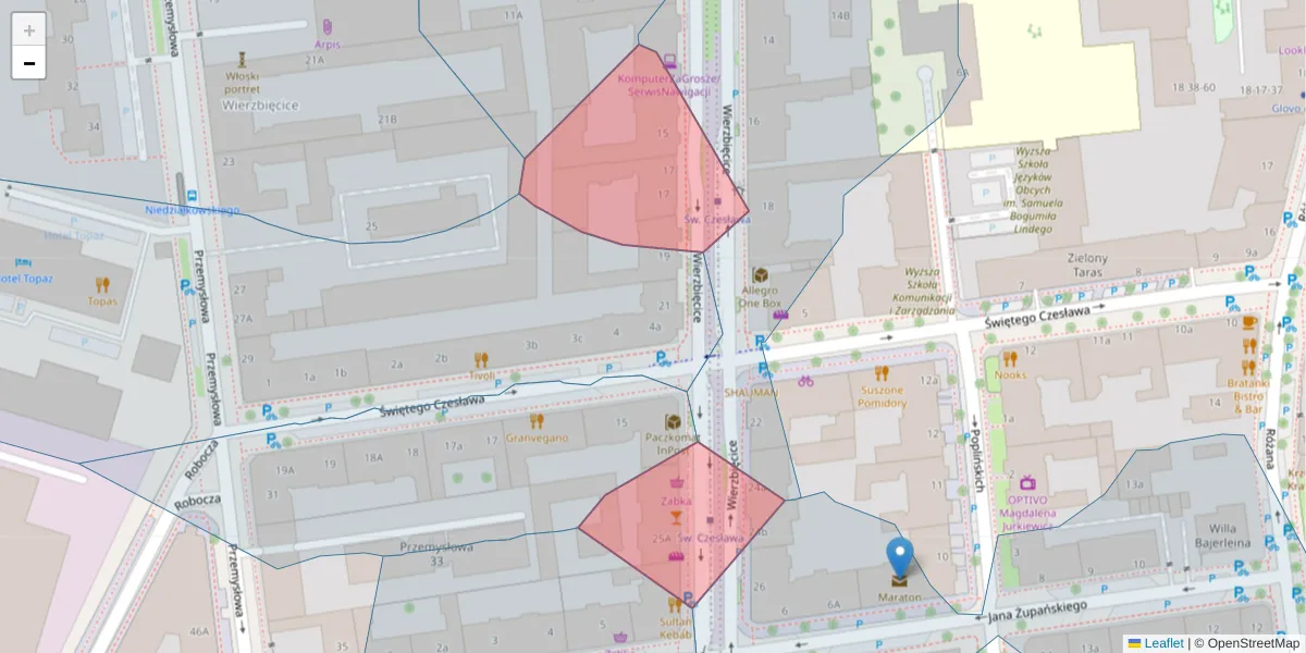 Szczegółowa mapa kodu pocztowego 61-561 z granicami, sąsiednimi kodami pocztowymi i urzędami pocztowymi