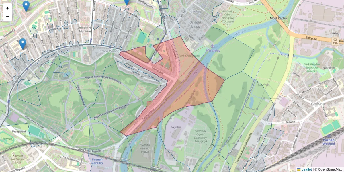 Szczegółowa mapa kodu pocztowego 61-626 z granicami, sąsiednimi kodami pocztowymi i urzędami pocztowymi