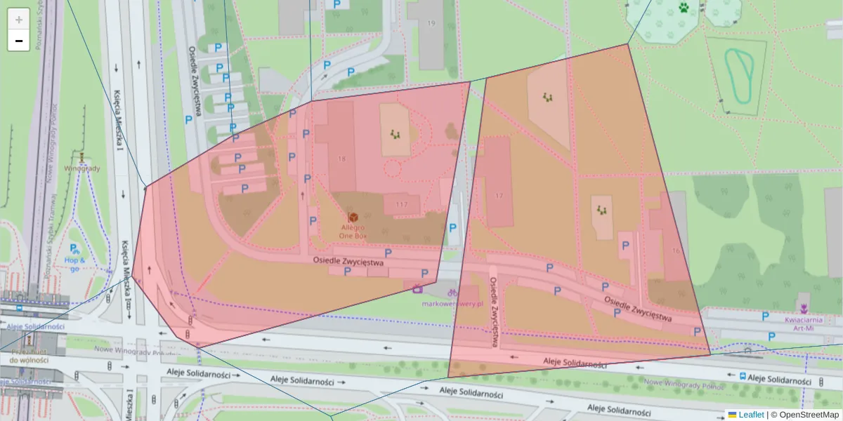Szczegółowa mapa kodu pocztowego 61-652 z granicami, sąsiednimi kodami pocztowymi i urzędami pocztowymi
