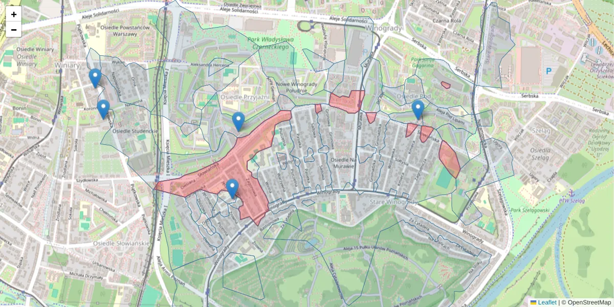 Szczegółowa mapa kodu pocztowego 61-664 z granicami, sąsiednimi kodami pocztowymi i urzędami pocztowymi