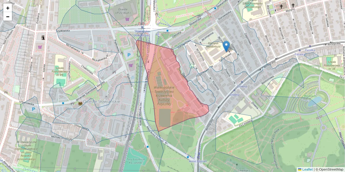 Szczegółowa mapa kodu pocztowego 61-666 z granicami, sąsiednimi kodami pocztowymi i urzędami pocztowymi