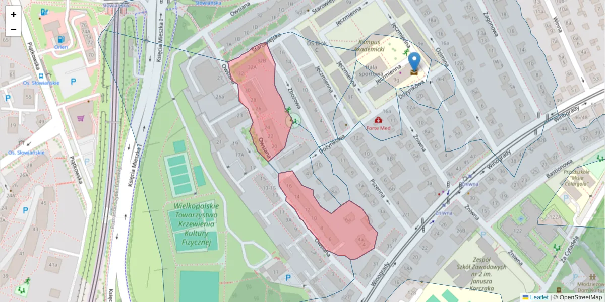 Szczegółowa mapa kodu pocztowego 61-667 z granicami, sąsiednimi kodami pocztowymi i urzędami pocztowymi