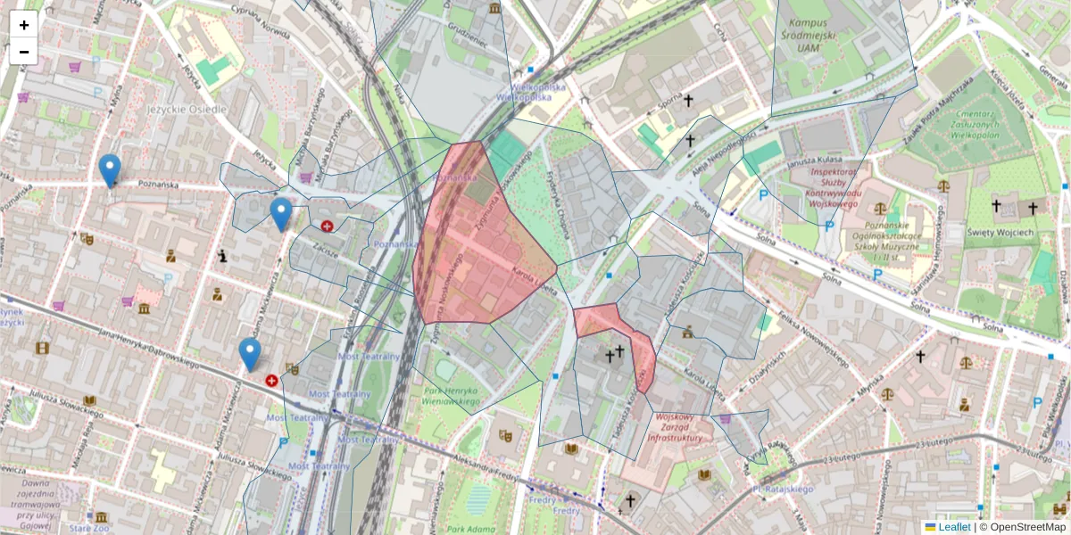 Szczegółowa mapa kodu pocztowego 61-707 z granicami, sąsiednimi kodami pocztowymi i urzędami pocztowymi