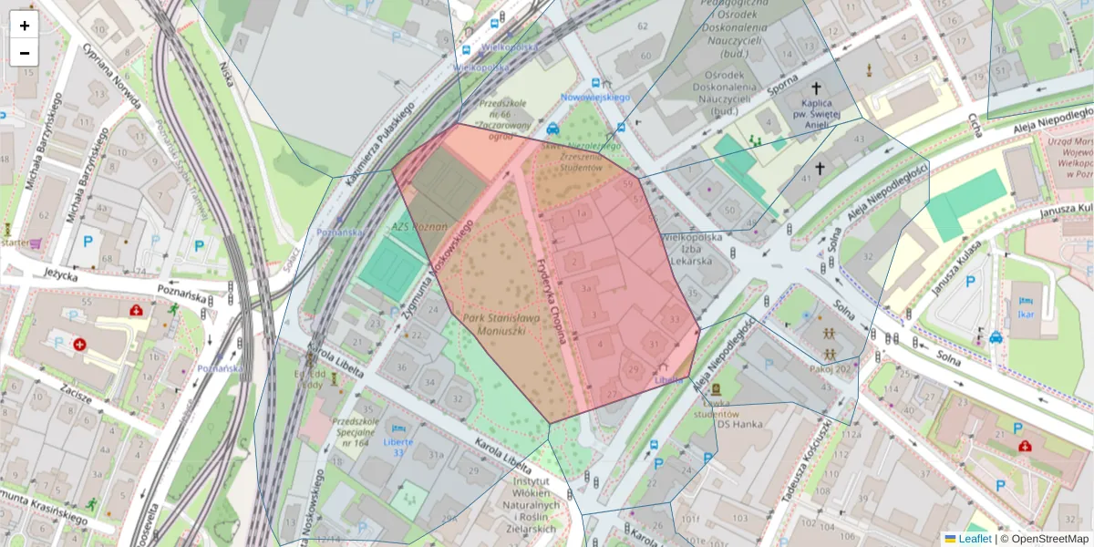 Szczegółowa mapa kodu pocztowego 61-708 z granicami, sąsiednimi kodami pocztowymi i urzędami pocztowymi