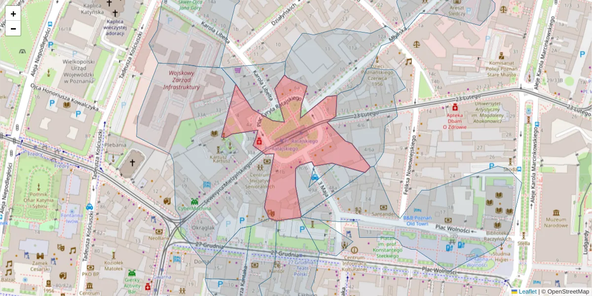 Szczegółowa mapa kodu pocztowego 61-726 z granicami, sąsiednimi kodami pocztowymi i urzędami pocztowymi