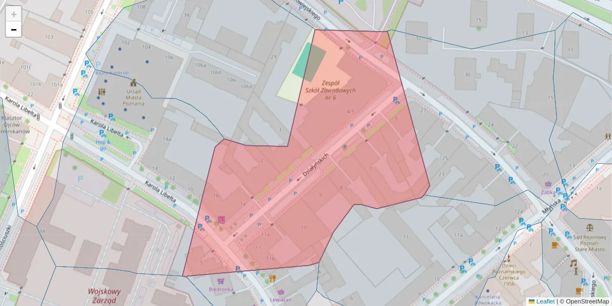 Szczegółowa mapa kodu pocztowego 61-727 z granicami, sąsiednimi kodami pocztowymi i urzędami pocztowymi