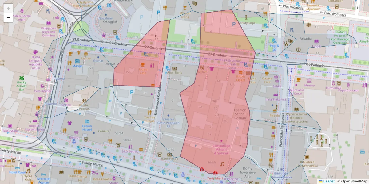Szczegółowa mapa kodu pocztowego 61-737 z granicami, sąsiednimi kodami pocztowymi i urzędami pocztowymi
