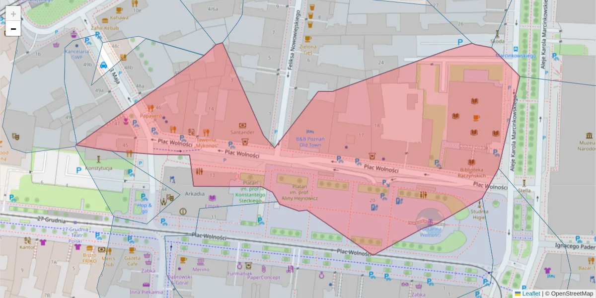 Szczegółowa mapa kodu pocztowego 61-739 z granicami, sąsiednimi kodami pocztowymi i urzędami pocztowymi