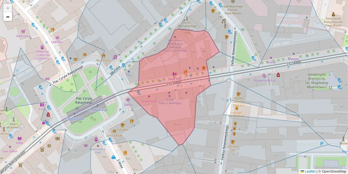 Szczegółowa mapa kodu pocztowego 61-741 z granicami, sąsiednimi kodami pocztowymi i urzędami pocztowymi
