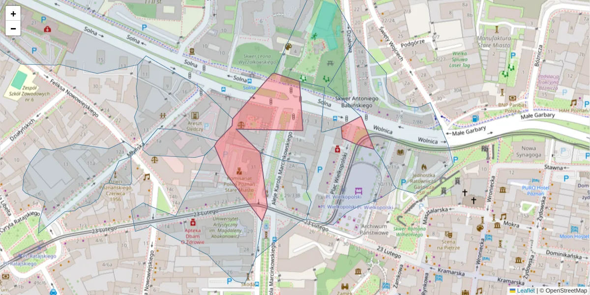 Szczegółowa mapa kodu pocztowego 61-745 z granicami, sąsiednimi kodami pocztowymi i urzędami pocztowymi