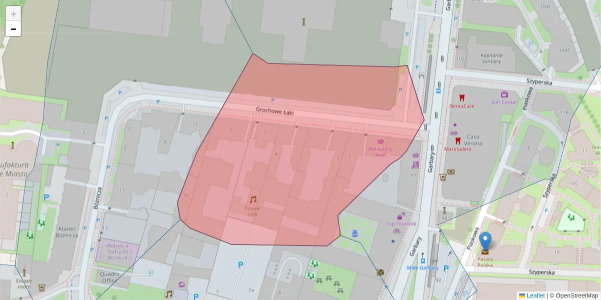 Szczegółowa mapa kodu pocztowego 61-752 z granicami, sąsiednimi kodami pocztowymi i urzędami pocztowymi