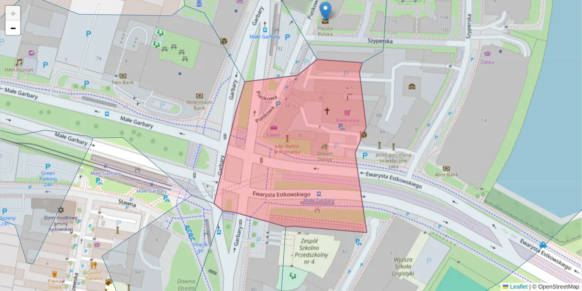 Szczegółowa mapa kodu pocztowego 61-753 z granicami, sąsiednimi kodami pocztowymi i urzędami pocztowymi