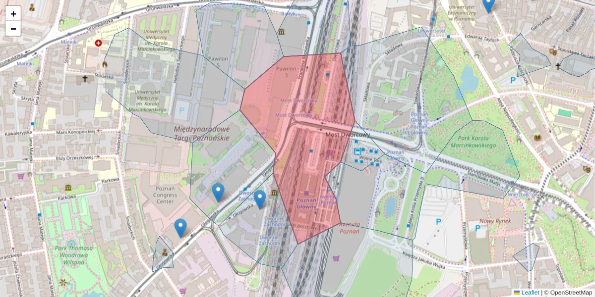 Szczegółowa mapa kodu pocztowego 61-801 z granicami, sąsiednimi kodami pocztowymi i urzędami pocztowymi