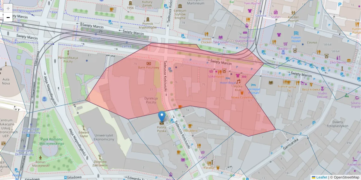 Szczegółowa mapa kodu pocztowego 61-808 z granicami, sąsiednimi kodami pocztowymi i urzędami pocztowymi