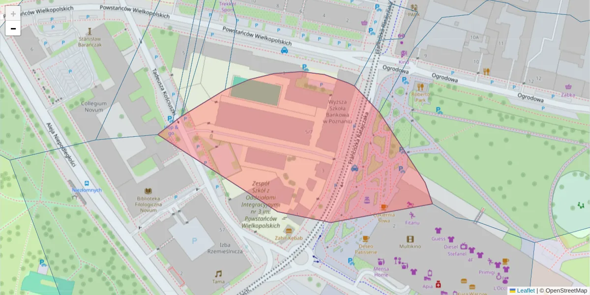 Szczegółowa mapa kodu pocztowego 61-813 z granicami, sąsiednimi kodami pocztowymi i urzędami pocztowymi