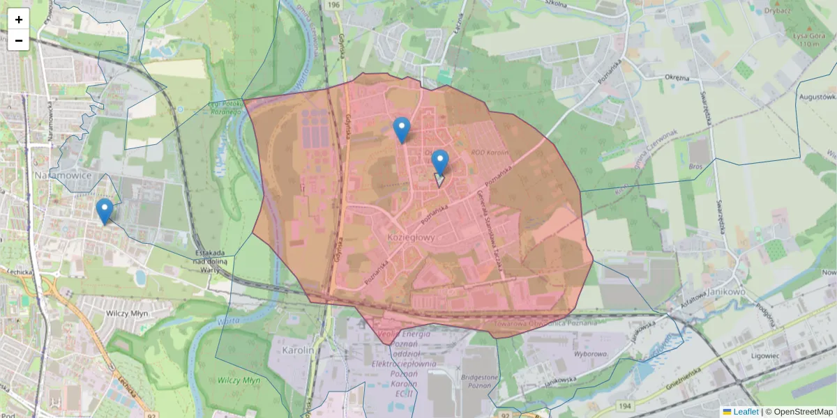 Szczegółowa mapa kodu pocztowego 62-028 z granicami, sąsiednimi kodami pocztowymi i urzędami pocztowymi