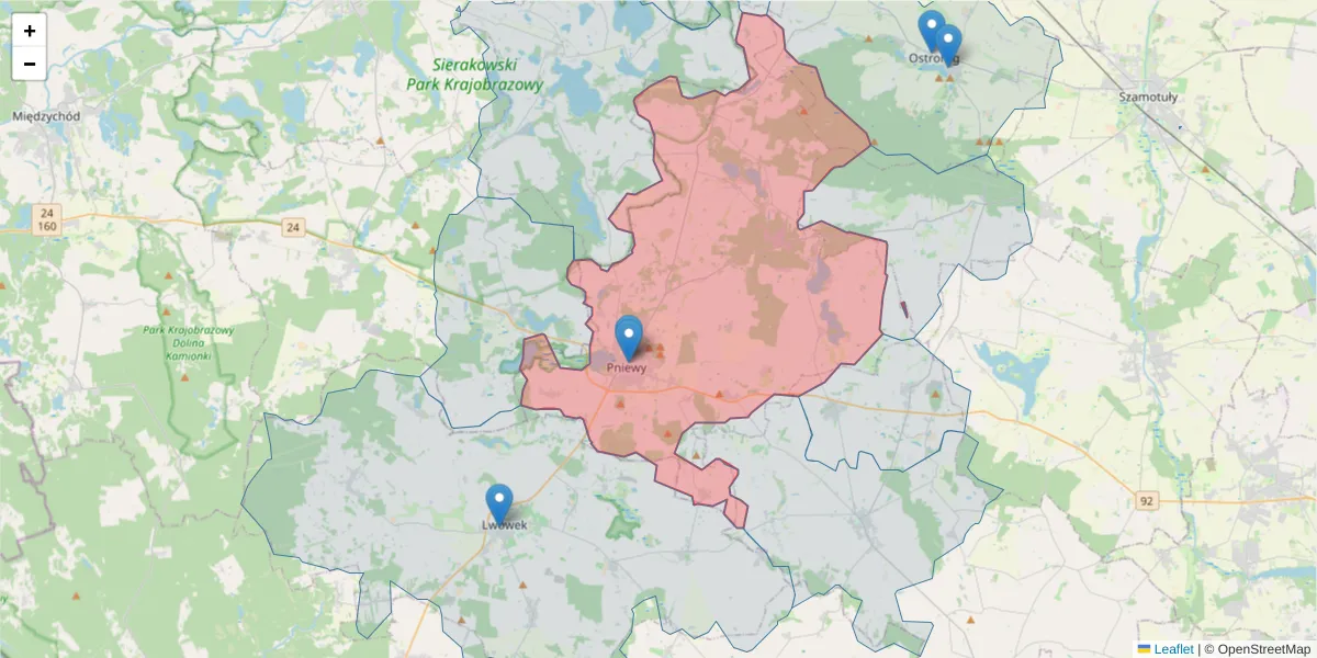 Szczegółowa mapa kodu pocztowego 62-045 z granicami, sąsiednimi kodami pocztowymi i urzędami pocztowymi