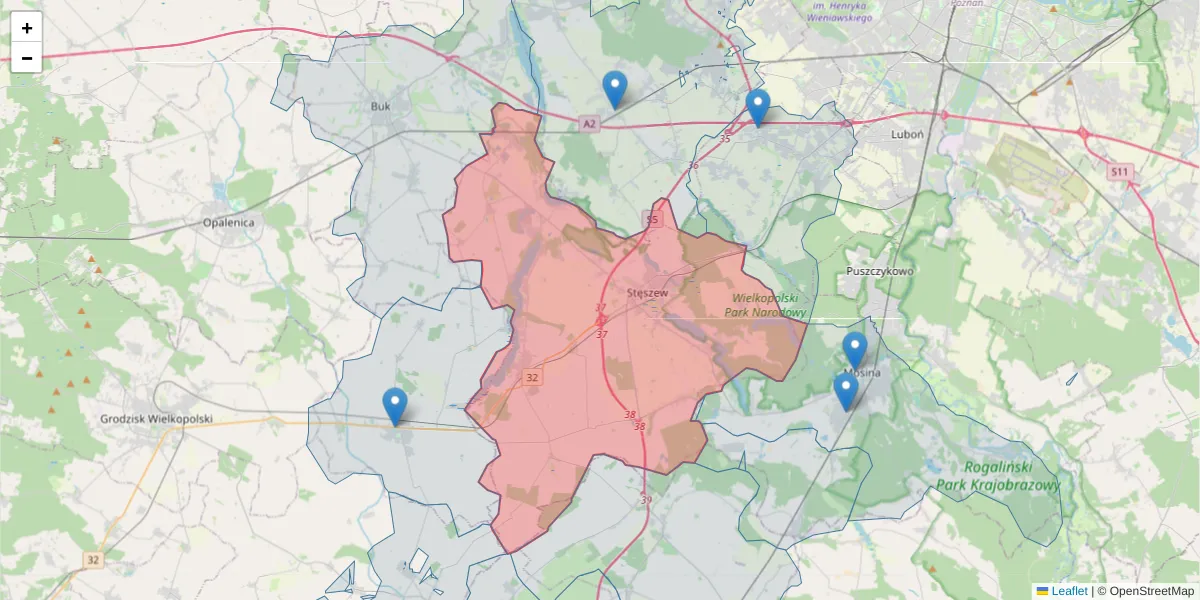 Szczegółowa mapa kodu pocztowego 62-060 z granicami, sąsiednimi kodami pocztowymi i urzędami pocztowymi