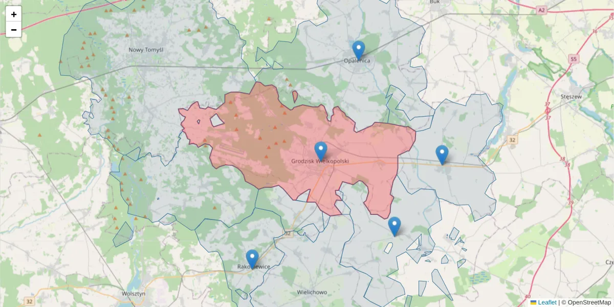 Szczegółowa mapa kodu pocztowego 62-065 z granicami, sąsiednimi kodami pocztowymi i urzędami pocztowymi