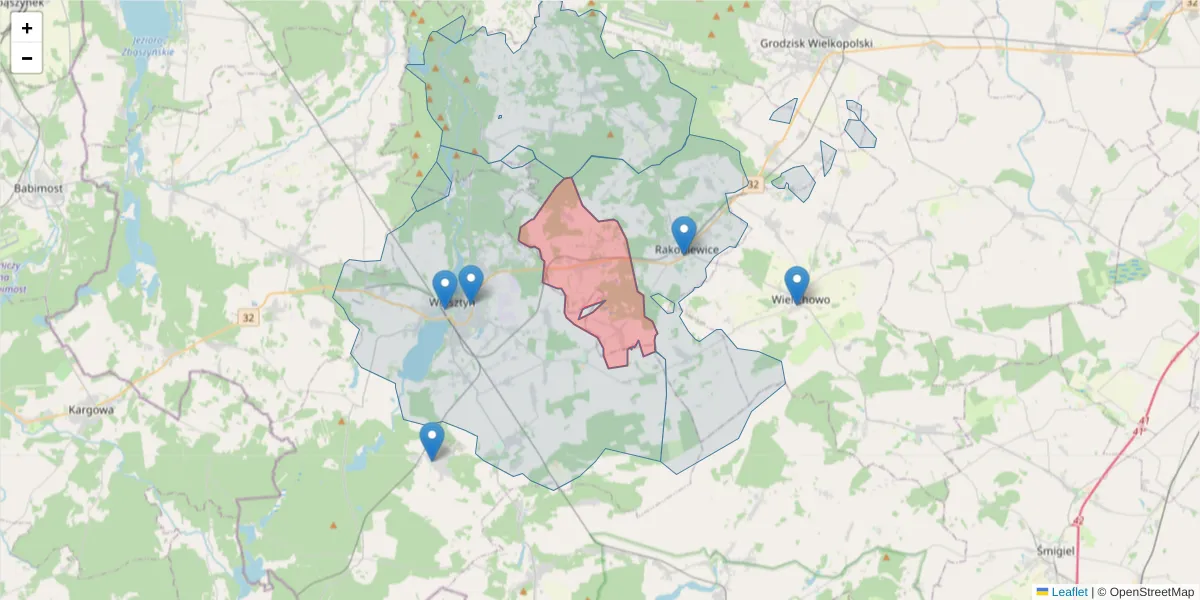 Szczegółowa mapa kodu pocztowego 62-068 z granicami, sąsiednimi kodami pocztowymi i urzędami pocztowymi