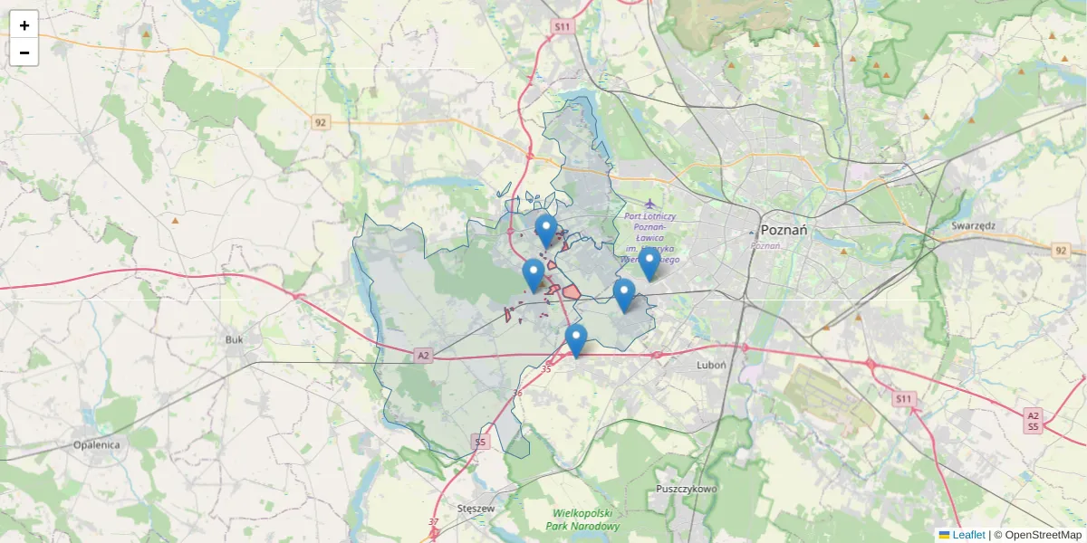 Szczegółowa mapa kodu pocztowego 62-069 z granicami, sąsiednimi kodami pocztowymi i urzędami pocztowymi