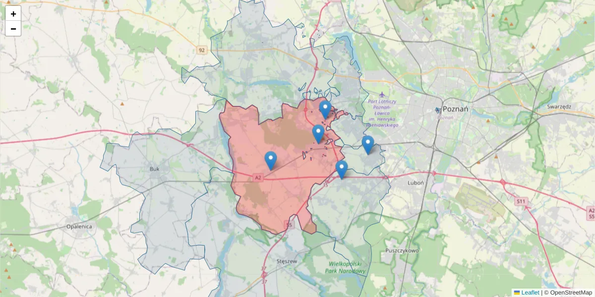 Szczegółowa mapa kodu pocztowego 62-070 z granicami, sąsiednimi kodami pocztowymi i urzędami pocztowymi