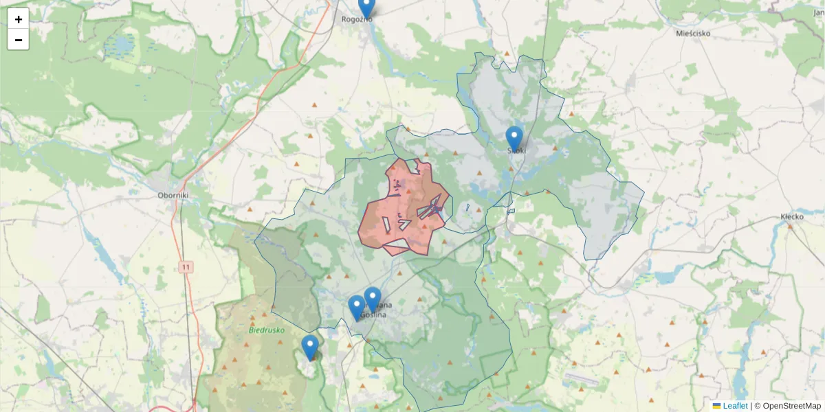 Szczegółowa mapa kodu pocztowego 62-097 z granicami, sąsiednimi kodami pocztowymi i urzędami pocztowymi