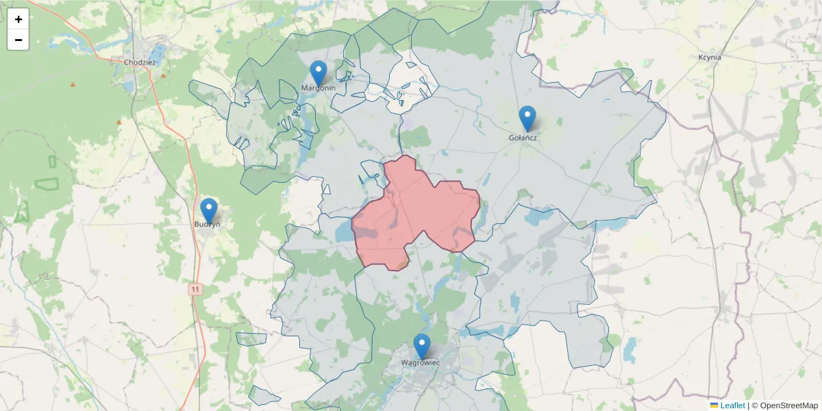 Szczegółowa mapa kodu pocztowego 62-104 z granicami, sąsiednimi kodami pocztowymi i urzędami pocztowymi