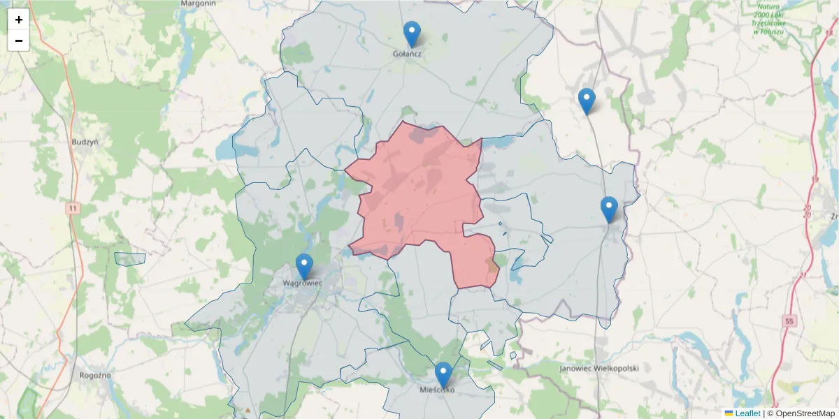 Szczegółowa mapa kodu pocztowego 62-105 z granicami, sąsiednimi kodami pocztowymi i urzędami pocztowymi