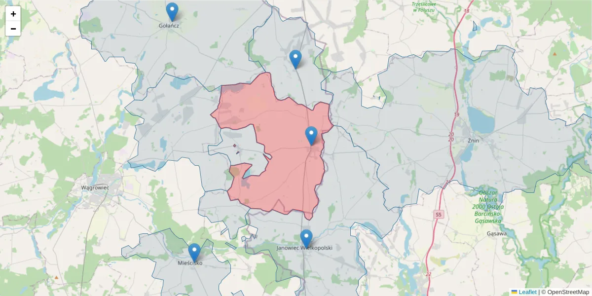 Szczegółowa mapa kodu pocztowego 62-110 z granicami, sąsiednimi kodami pocztowymi i urzędami pocztowymi