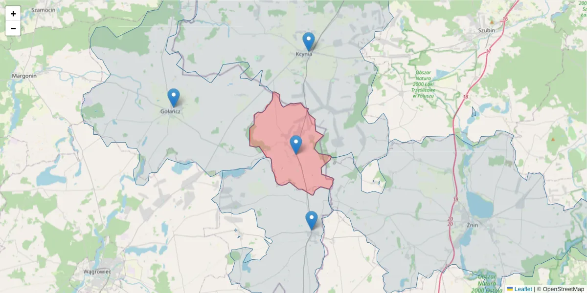 Szczegółowa mapa kodu pocztowego 62-120 z granicami, sąsiednimi kodami pocztowymi i urzędami pocztowymi