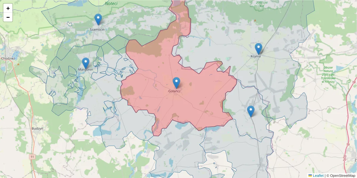 Szczegółowa mapa kodu pocztowego 62-130 z granicami, sąsiednimi kodami pocztowymi i urzędami pocztowymi