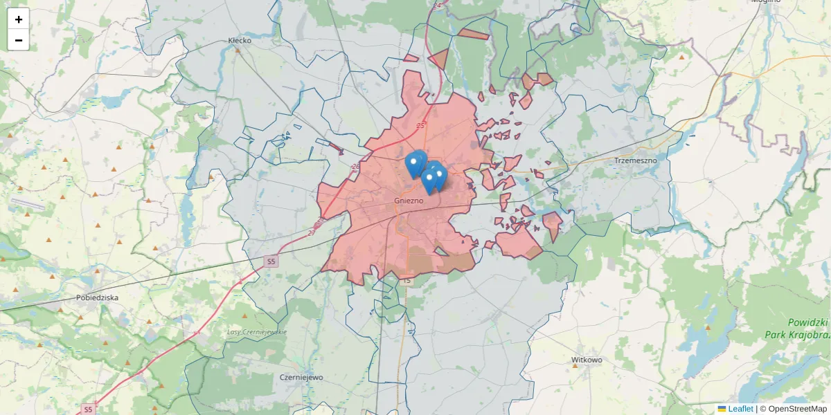 Szczegółowa mapa kodu pocztowego 62-200 z granicami, sąsiednimi kodami pocztowymi i urzędami pocztowymi