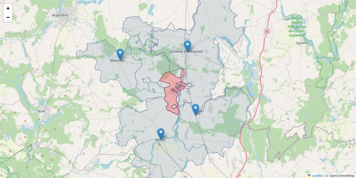 Szczegółowa mapa kodu pocztowego 62-213 z granicami, sąsiednimi kodami pocztowymi i urzędami pocztowymi
