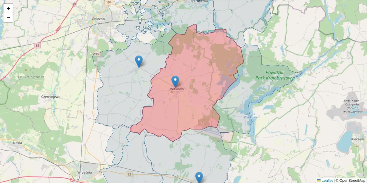 Szczegółowa mapa kodu pocztowego 62-230 z granicami, sąsiednimi kodami pocztowymi i urzędami pocztowymi