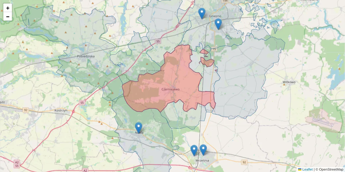 Szczegółowa mapa kodu pocztowego 62-250 z granicami, sąsiednimi kodami pocztowymi i urzędami pocztowymi