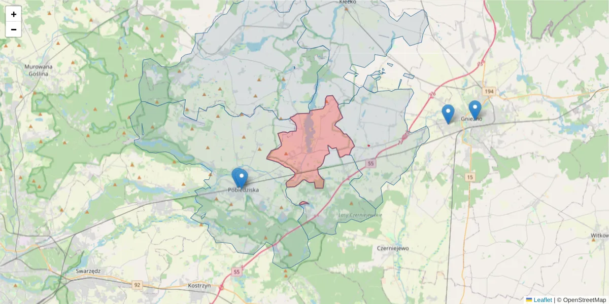 Szczegółowa mapa kodu pocztowego 62-261 z granicami, sąsiednimi kodami pocztowymi i urzędami pocztowymi