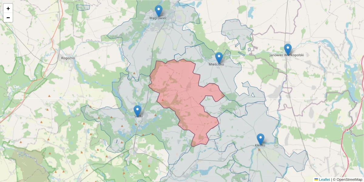 Szczegółowa mapa kodu pocztowego 62-285 z granicami, sąsiednimi kodami pocztowymi i urzędami pocztowymi