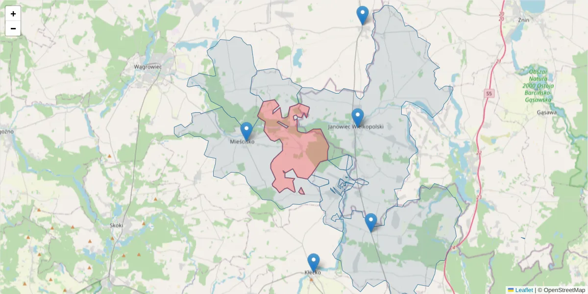 Szczegółowa mapa kodu pocztowego 62-291 z granicami, sąsiednimi kodami pocztowymi i urzędami pocztowymi