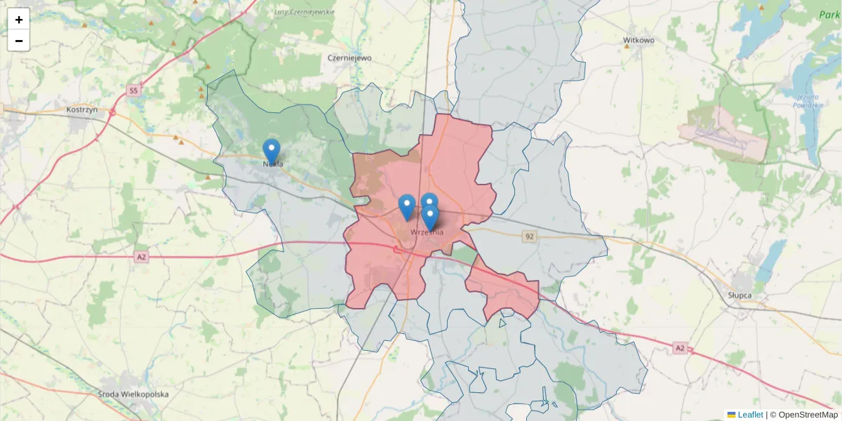 Szczegółowa mapa kodu pocztowego 62-300 z granicami, sąsiednimi kodami pocztowymi i urzędami pocztowymi